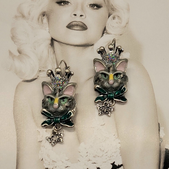 Vintage Estate Collectible Signed Kirks Folly Princess Kitty Silver Earrings - Picture 11 of 11